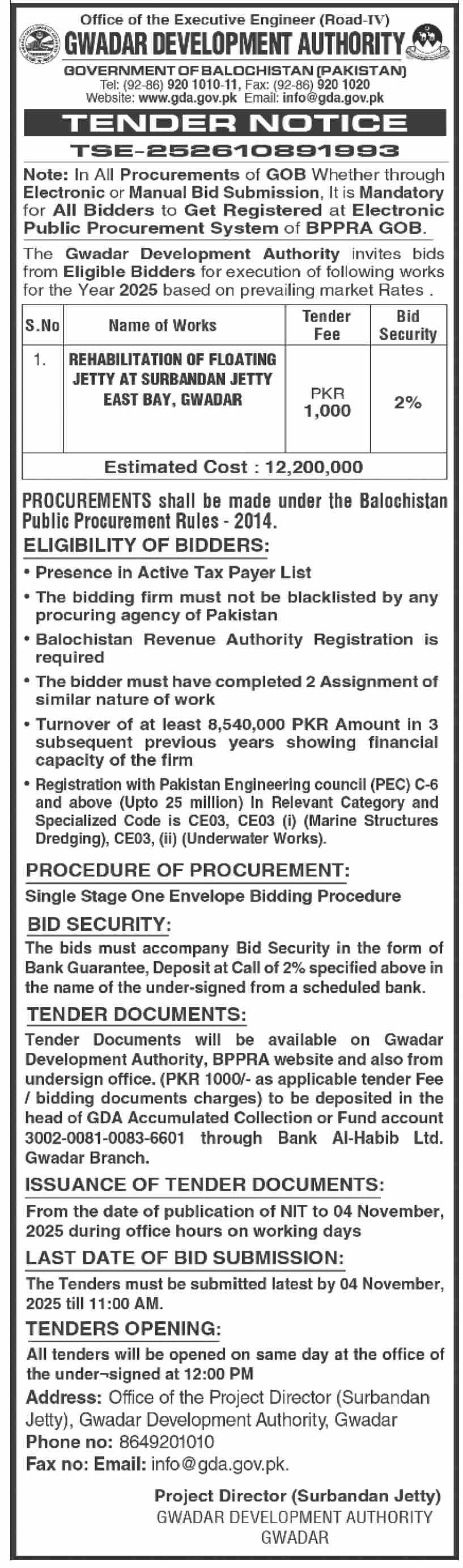 Gwadar Development Authority Tender Notice